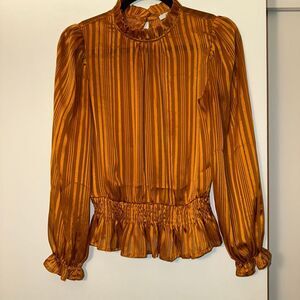 Iris Women’s Small Orange Sparkle Stripe Long Sleeve Ruffle Blouse Cinch Waist